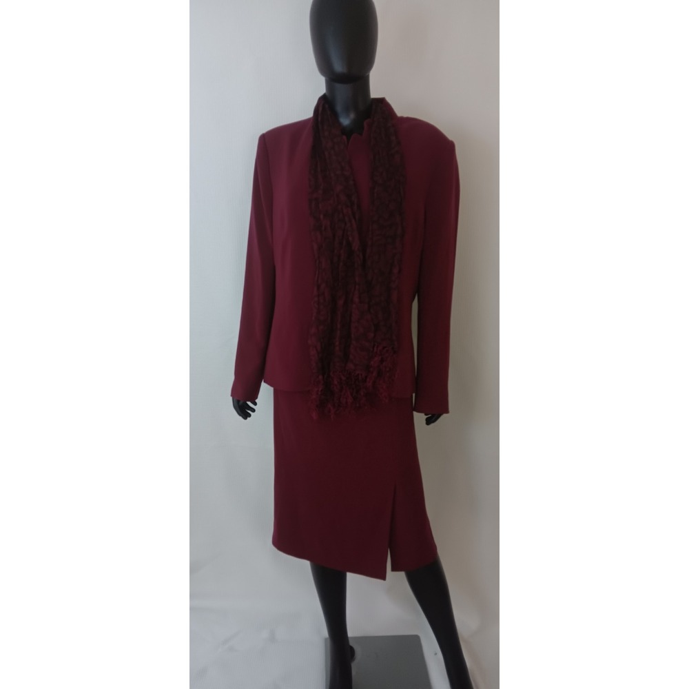 Kasper Burgundy Skirt Suit Set Jacket Slit Skirt and Scarf Size 16